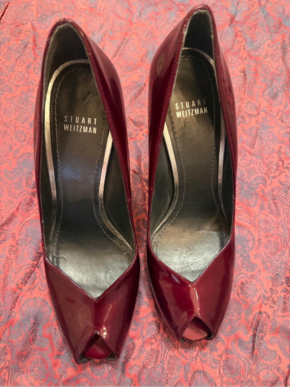 Stuart Weitzman Burgundy Patent Peep-Toe Pumps